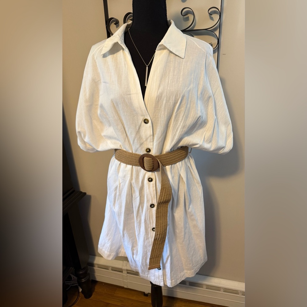 H&M Chic White Linen Blend Dress with Tan Belt - Picture 2 of 7